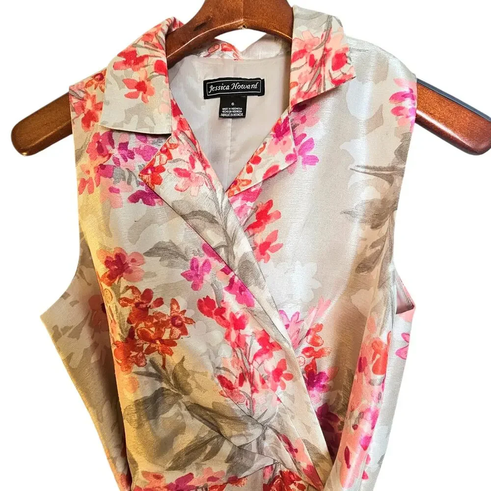 Jessica Howard Silver with Pink Floral Romantic Cottagecore V-Neck Dress